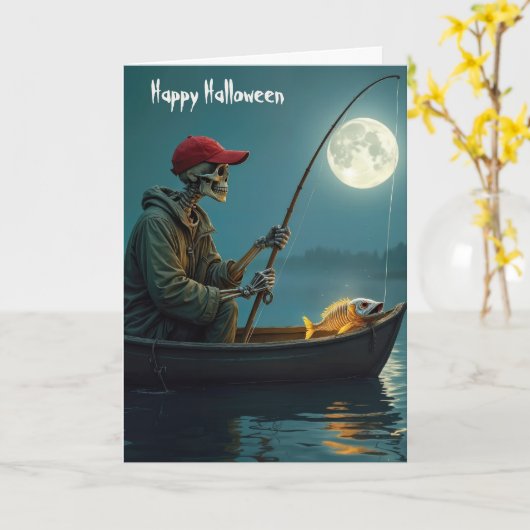 木製のローボートにハロウィーンのスケルトン魚釣り カード (黄色い花)