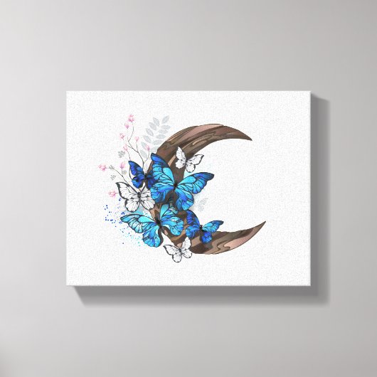 木製の三日月形の青い蝶 キャンバスプリント (正面)