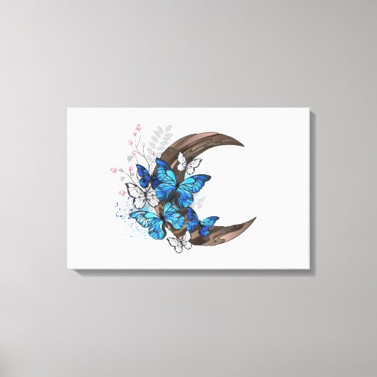 木製の三日月形の青い蝶 キャンバスプリント (正面)
