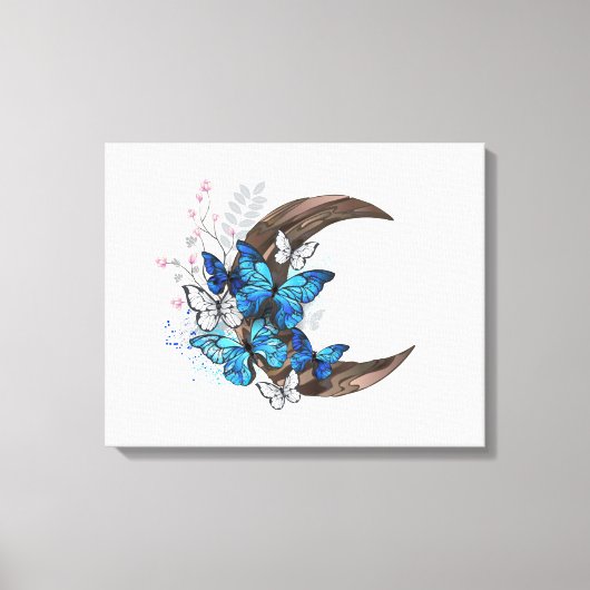 木製の三日月形の青い蝶 キャンバスプリント (正面)