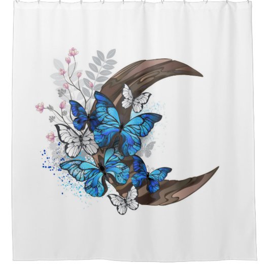 木製の三日月形の青い蝶 シャワーカーテン (正面)
