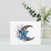 木製の三日月形の青い蝶 シーズンポストカード (スタンド正面)