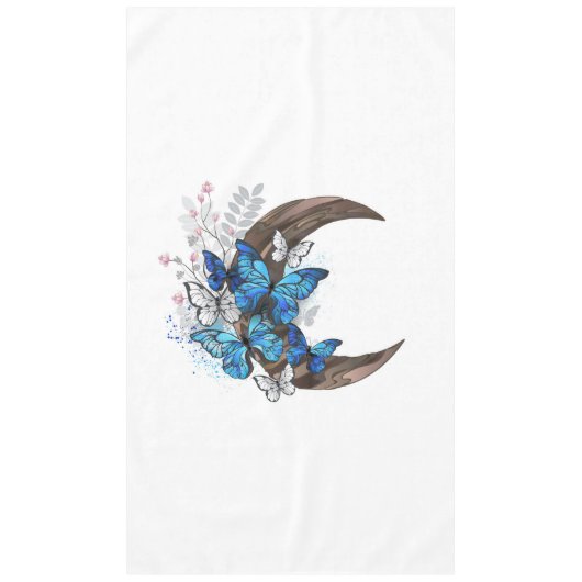 木製の三日月形の青い蝶 テーブルクロス (正面)