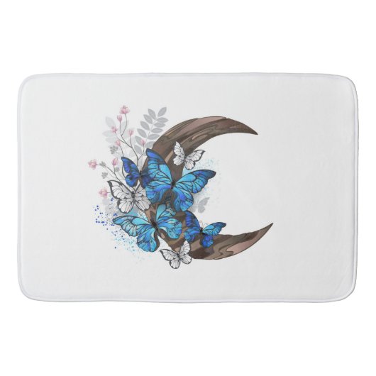 木製の三日月形の青い蝶 バスマット (正面)