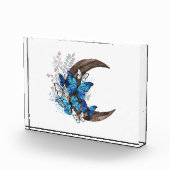 木製の三日月形の青い蝶 フォトブロック (右)