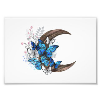 木製の三日月形の青い蝶 フォトプリント           