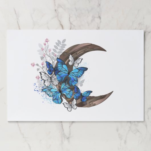 木製の三日月形の青い蝶 ペーパーパッド (正面)