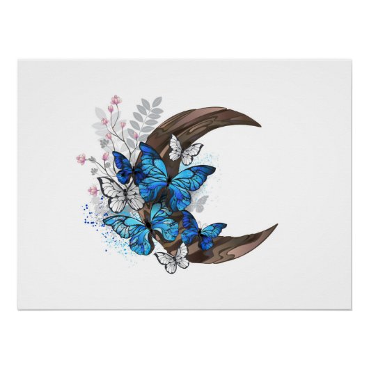 木製の三日月形の青い蝶 ポスター (正面)