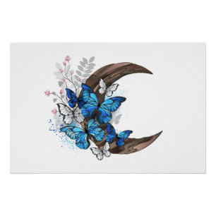 木製の三日月形の青い蝶 ポスター