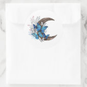 木製の三日月形の青い蝶 ラウンドシール (バッグ)