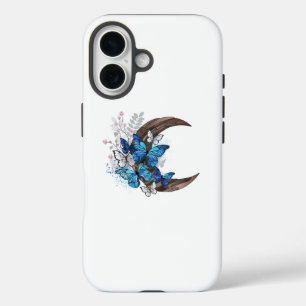 木製の三日月形の青い蝶 iPhone 16ケース