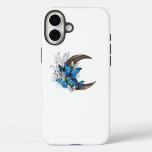 木製の三日月形の青い蝶 iPhone 16 PLUSケース
