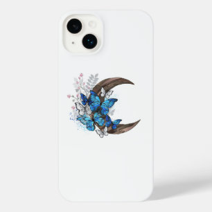 木製の三日月形の青い蝶 iPhone 14 PLUSケース