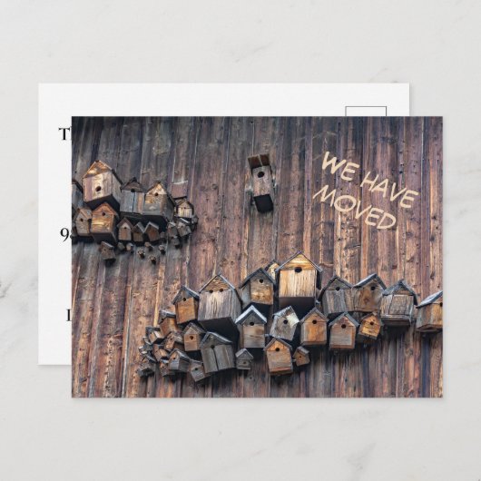 木製の壁に鳥の家、我々が移動したおもしろい ポストカード (正面/裏面)