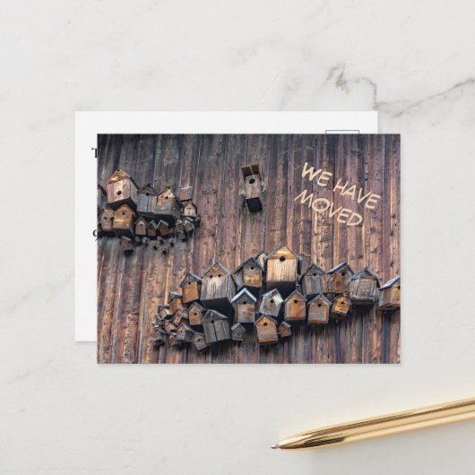 木製の壁に鳥の家、我々が移動したおもしろい ポストカード (正面/裏面インサイチュ)