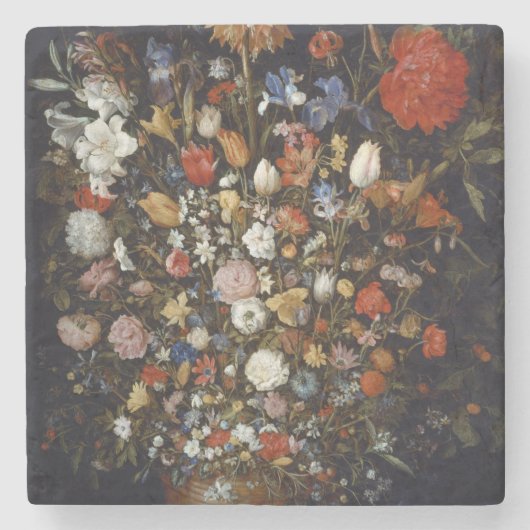 木製の容器の花（Jan Brueghel著） ストーンコースター (正面)