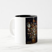 木製の容器の花（Jan Brueghel著） ツートーンマグカップ (正面左)