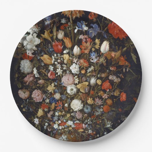 木製の容器の花（Jan Brueghel著） ペーパープレート (正面)