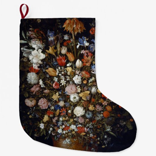 木製の容器の花(Jan Brueghel著) ラージクリスマスストッキング (正面)
