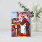 木製の店のエプロン研修会で忙しいヴィンテージサンタ シーズンポストカード (スタンド正面)