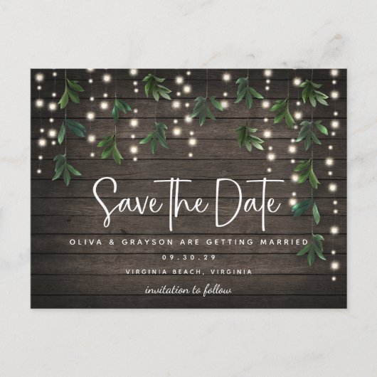 木製の文字列ライトスクリプトウェディング日付を保存 ポストカード (正面)