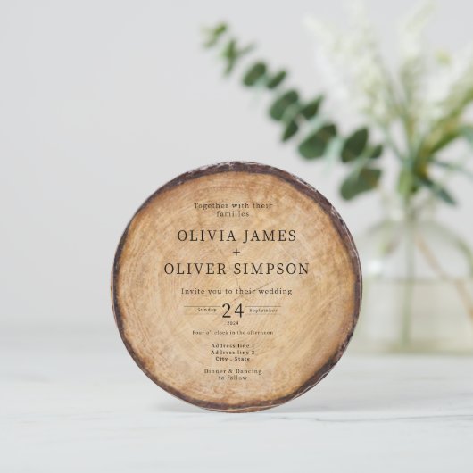 木製の木の切り株の納屋のQRコード結婚すべて 招待状 (スタンド正面)