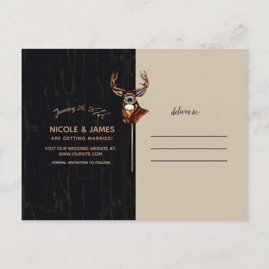 木製の木の鹿の飾り 田舎のスタイル 結婚式の日時をお知らせ 案内ポストカード (裏面)