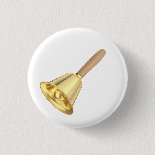 木製の柄を持つ金色のハンドベル 缶バッジ (正面)