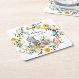 木製の椅子とイースターエッグとフローライースター スクエアペーパーコースター