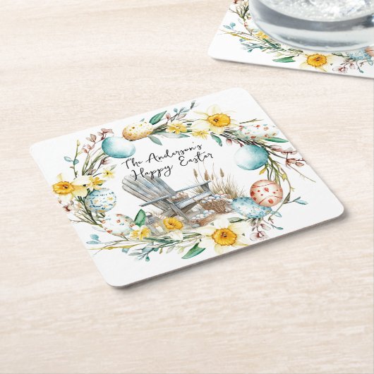 木製の椅子とイースターエッグとフローライースター スクエアペーパーコースター (アングル)