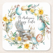 木製の椅子とイースターエッグとフローライースター スクエアペーパーコースター (正面)