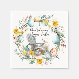 木製の椅子とイースターエッグとフローライースター スタンダードカクテルナプキン