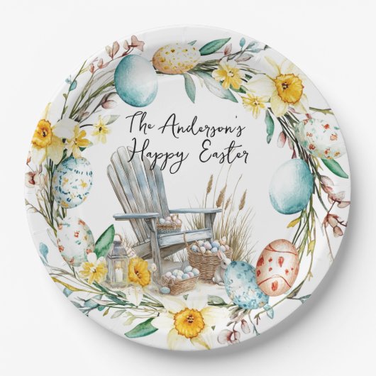 木製の椅子とイースターエッグとフローライースター ペーパープレート (正面)