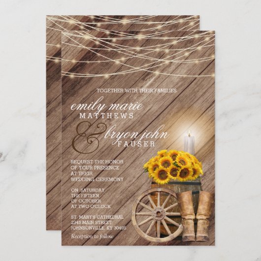 木製の樽とひまわりがあるのどかな農村 招待状 (正面/裏面)