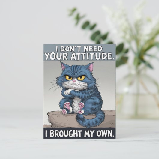 木製の止り木に止まるサファイアネコ ポストカード (スタンド正面)