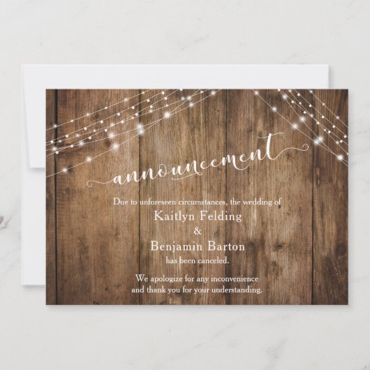 木製の温もりとライトが織りなす 結婚式中止のお知らせ 招待状 (正面)