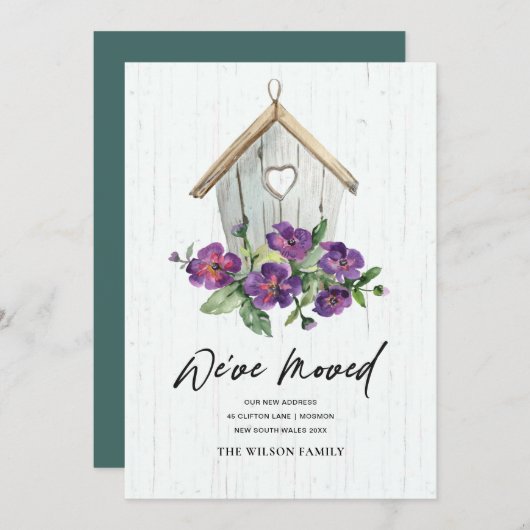 木製の白いフローラバードハウス新しいアドレスを移動 案内状 (正面/裏面)