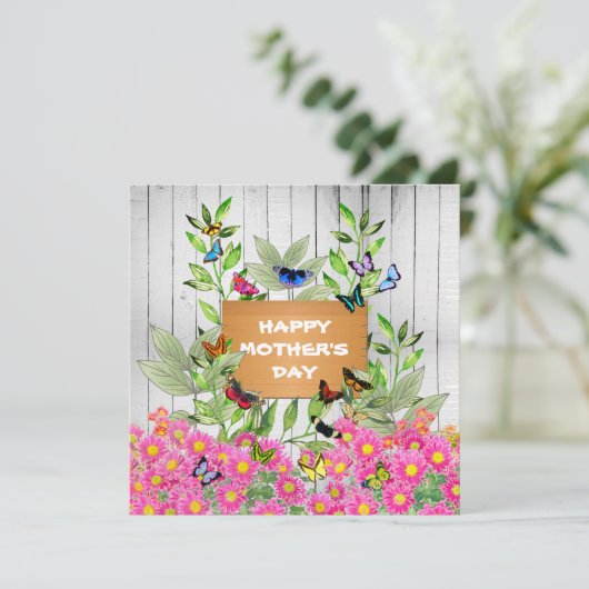 木製の看板と蝶の庭の母の日 カード (スタンド正面)