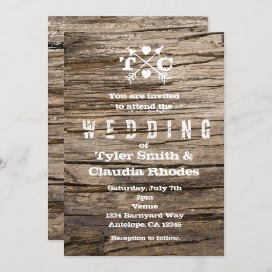 木製の矢素朴印とハート結婚式招待状 招待状 (正面/裏面)