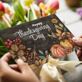 木製の秋のポンプキンと葉 ハッピーサンクスギビング シーズンカード