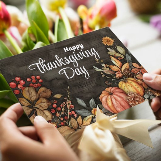 木製の秋のポンプキンと葉　ハッピーサンクスギビング シーズンカード