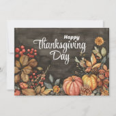 木製の秋のポンプキンと葉　ハッピーサンクスギビング シーズンカード (正面)