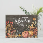 木製の秋のポンプキンと葉　ハッピーサンクスギビング シーズンカード (スタンド正面)