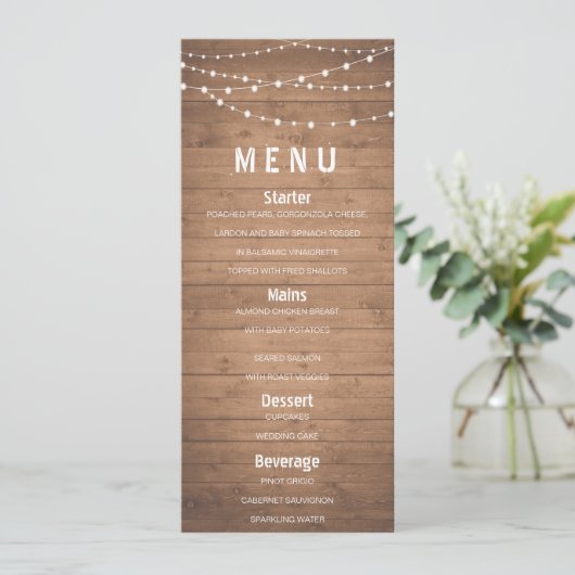 木製の穀物およびひもライト素朴なメニュー メニュー (スタンド正面)