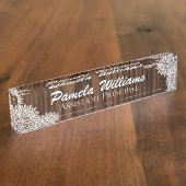 木製の穀物および白い花のカスタムの机用ネームプレート デスクネームプレート (側面)