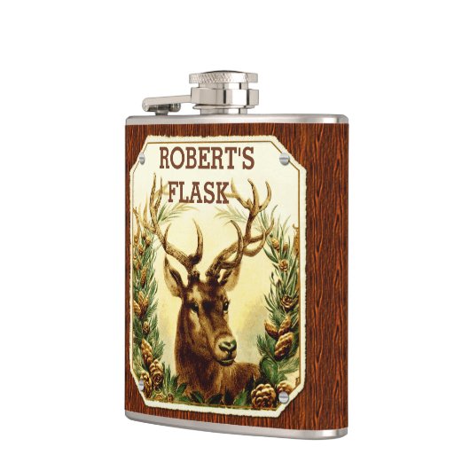 木製の穀物とパーソナライズなシカのマツ円錐形 フラスク (左)