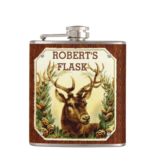 木製の穀物とパーソナライズなシカのマツ円錐形 フラスク (正面)