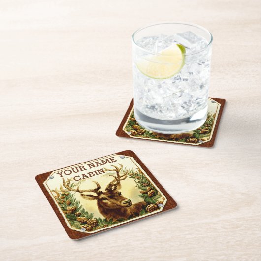 木製の穀物とパーソナライズなシカの小屋 スクエアペーパーコースター (インサイチュ)