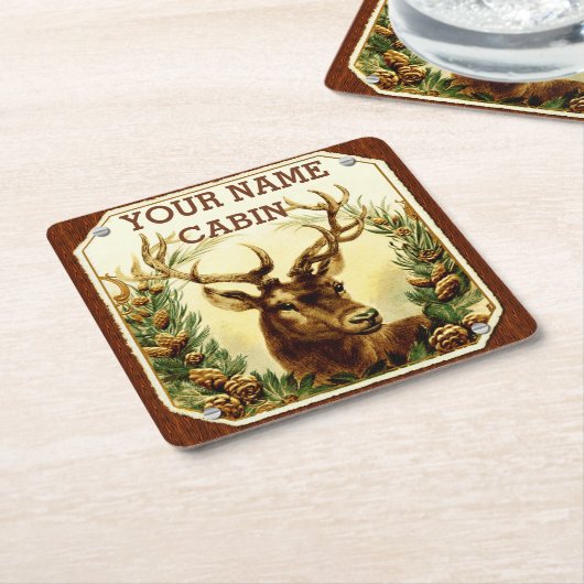 木製の穀物とパーソナライズなシカの小屋 スクエアペーパーコースター (アングル)