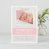 木製の穀物の写真の誕生の発表のピンクテープ 案内状 (スタンド正面)